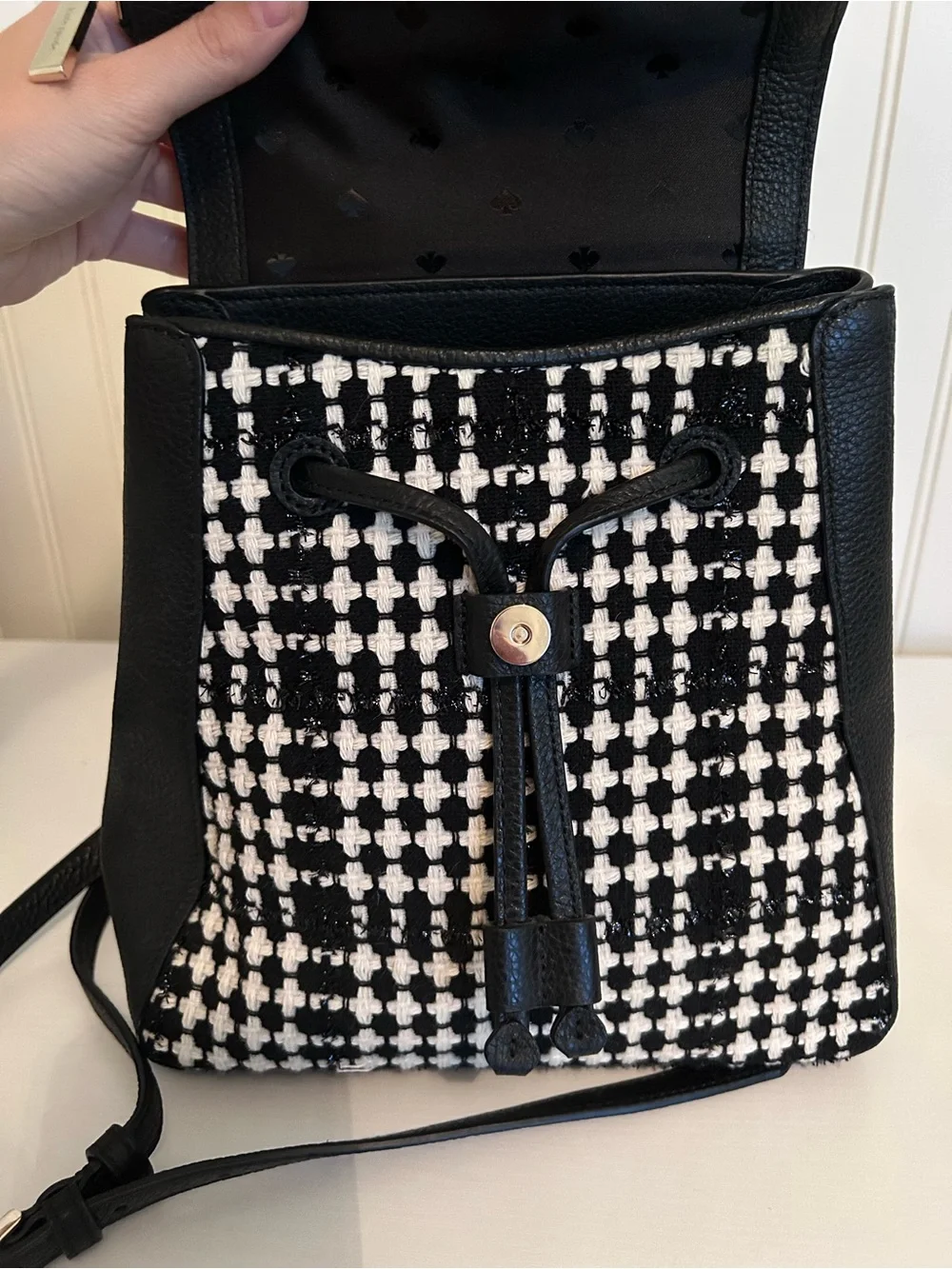 kate spade Black and White Houndstooth Leather-Trim Backpack